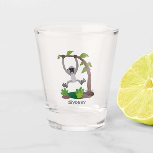 Cute happy gibbon ape cartoon illustration shot glass (Front)