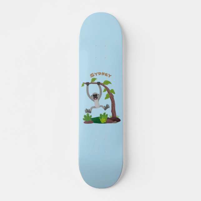 Cute happy gibbon ape cartoon illustration skateboard (Front)
