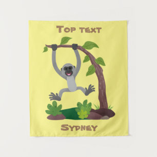Cute happy gibbon ape cartoon illustration tapestry