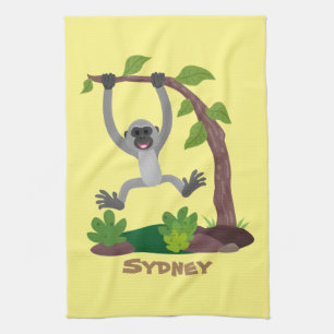 Cute happy gibbon ape cartoon illustration tea towel