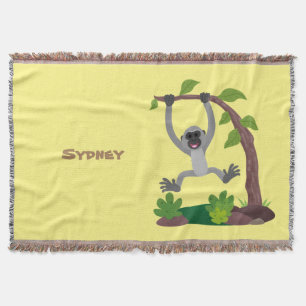 Cute happy gibbon ape cartoon illustration throw blanket