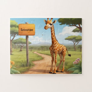 Cute happy Giraffe in savanna with name Jigsaw Puzzle