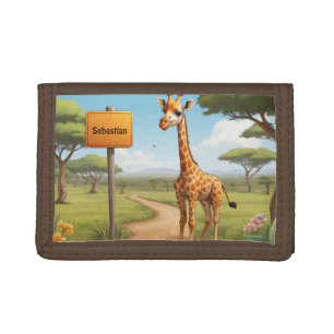 Cute happy Giraffe in savanna with name Trifold Wallet