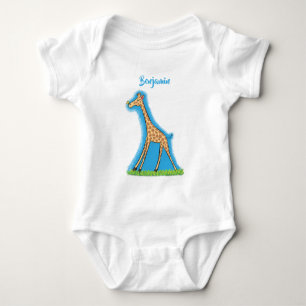 Cute happy giraffe with butterfly cartoon baby bodysuit
