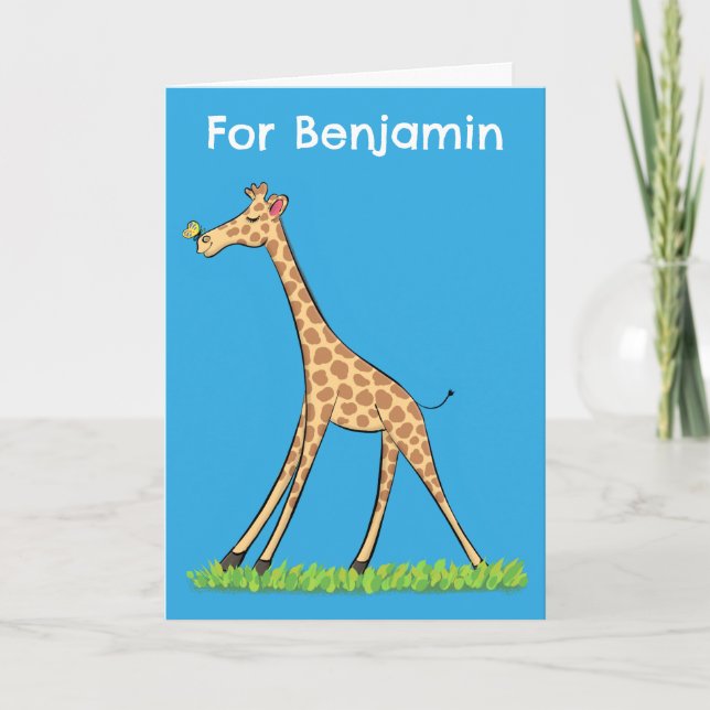 Cute happy giraffe with butterfly cartoon birthday card (Front)