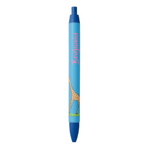Cute happy giraffe with butterfly cartoon black ink pen