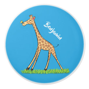 Cute happy giraffe with butterfly cartoon ceramic knob