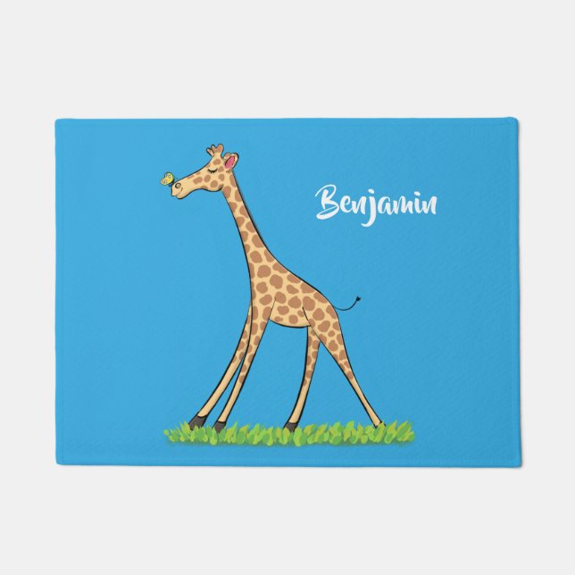 Cute happy giraffe with butterfly cartoon doormat (Front)