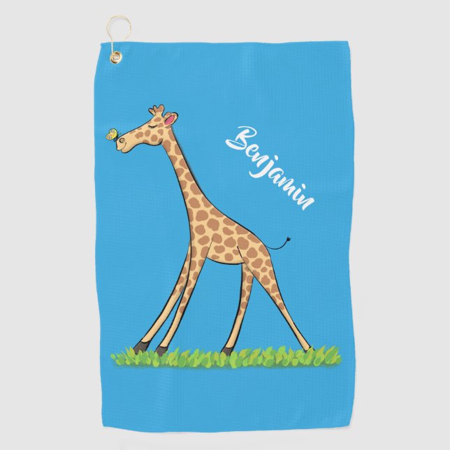 Cute happy giraffe with butterfly cartoon golf towel (Front)
