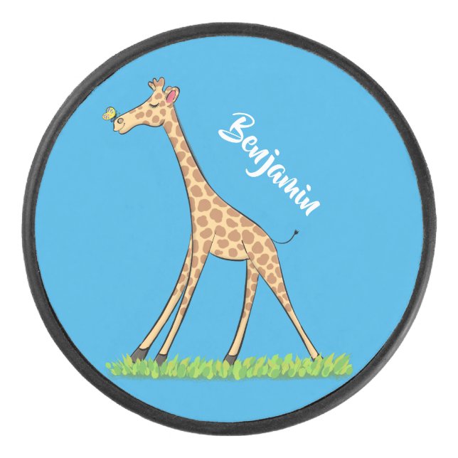 Cute happy giraffe with butterfly cartoon hockey puck (Front)
