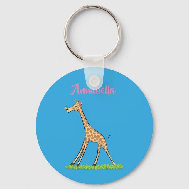 Cute happy giraffe with butterfly cartoon key ring (Front)