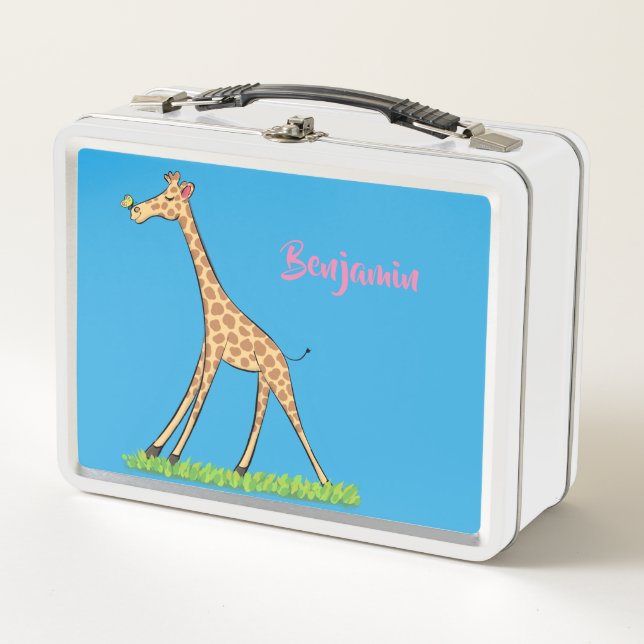 Cute happy giraffe with butterfly cartoon metal lunch box (Front)