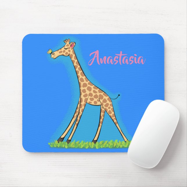 Cute happy giraffe with butterfly cartoon mouse mat (With Mouse)