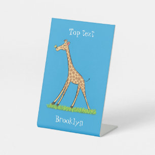 Cute happy giraffe with butterfly cartoon pedestal sign