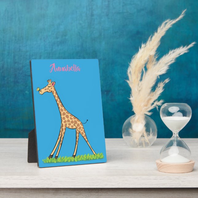 Cute happy giraffe with butterfly cartoon plaque (Side)