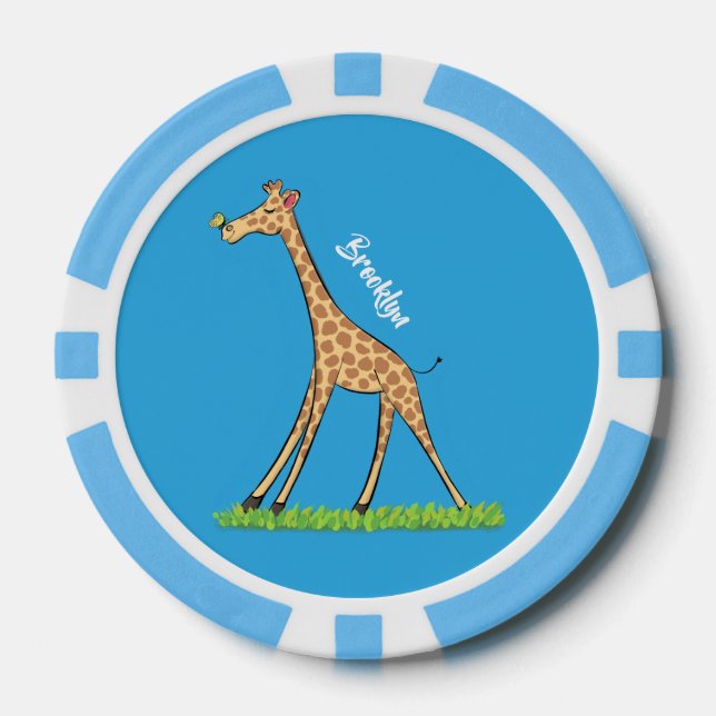 Cute happy giraffe with butterfly cartoon poker chips (Front)