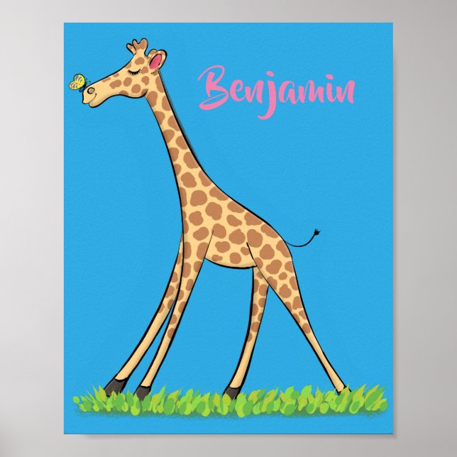 Cute happy giraffe with butterfly cartoon poster (Front)