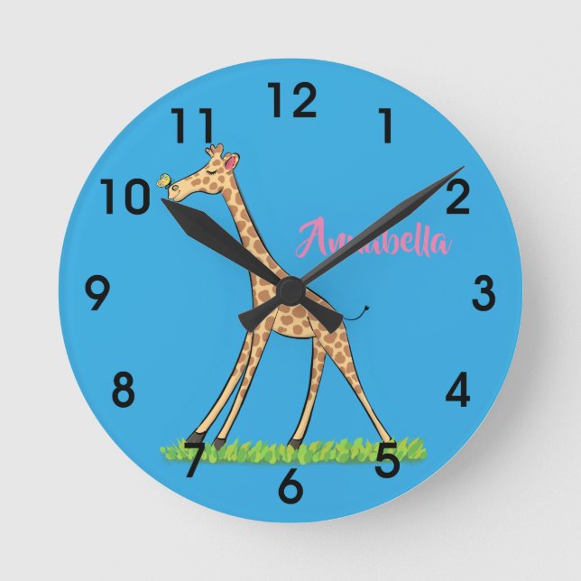 Cute happy giraffe with butterfly cartoon round clock (Front)