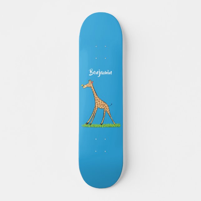 Cute happy giraffe with butterfly cartoon skateboard (Front)