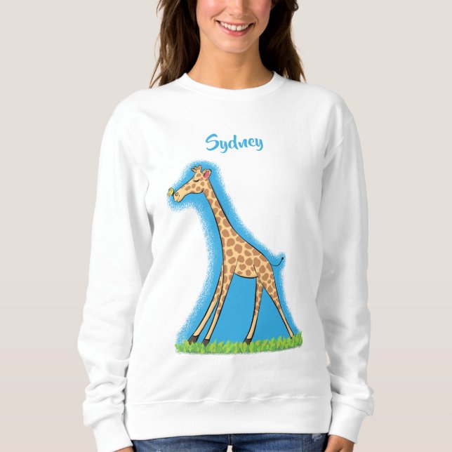 Cute happy giraffe with butterfly cartoon sweatshirt (Front)
