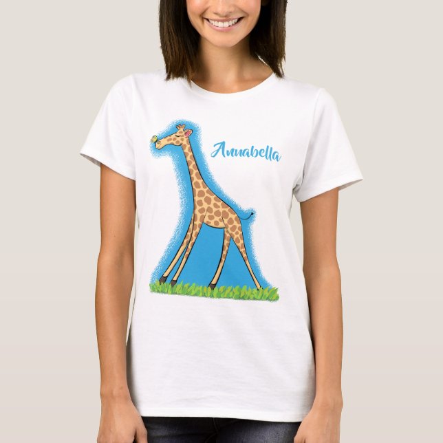Cute happy giraffe with butterfly cartoon T-Shirt (Front)