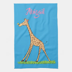 Cute happy giraffe with butterfly cartoon tea towel