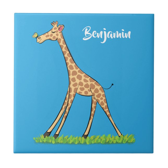 Cute happy giraffe with butterfly cartoon tile (Front)