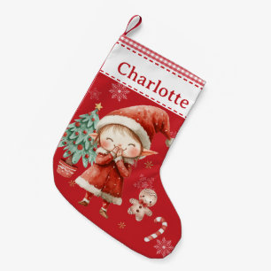 Cute Happy Girl Elf Red Gingham  Small Christmas Stocking