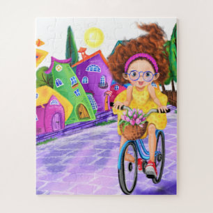 Cute Happy Girl On A Bike and Pink Bouquet Tulips Jigsaw Puzzle