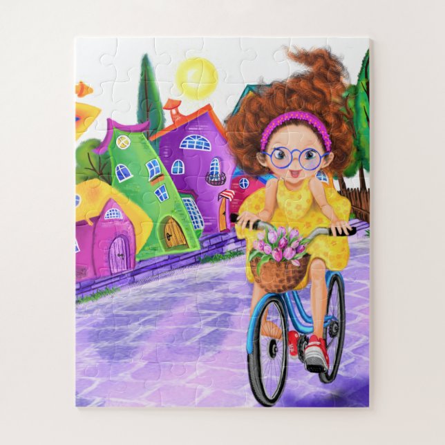 Cute Happy Girl On A Bike and Pink Bouquet Tulips Jigsaw Puzzle (Vertical)