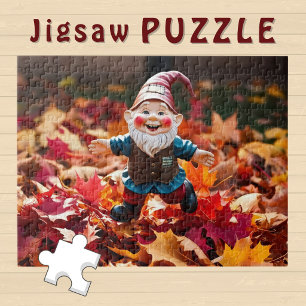 Cute Happy Gnome in fallen Autumn Leaves - Jigsaw Puzzle