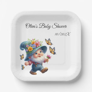 Cute Happy Gnome with Butterfly Baby Shower Paper Plate