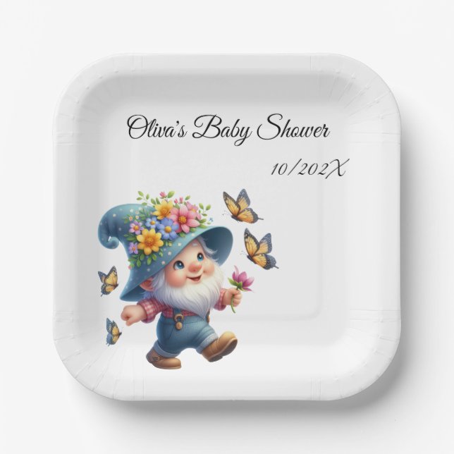 Cute Happy Gnome with Butterfly Baby Shower Paper Plate (Front)