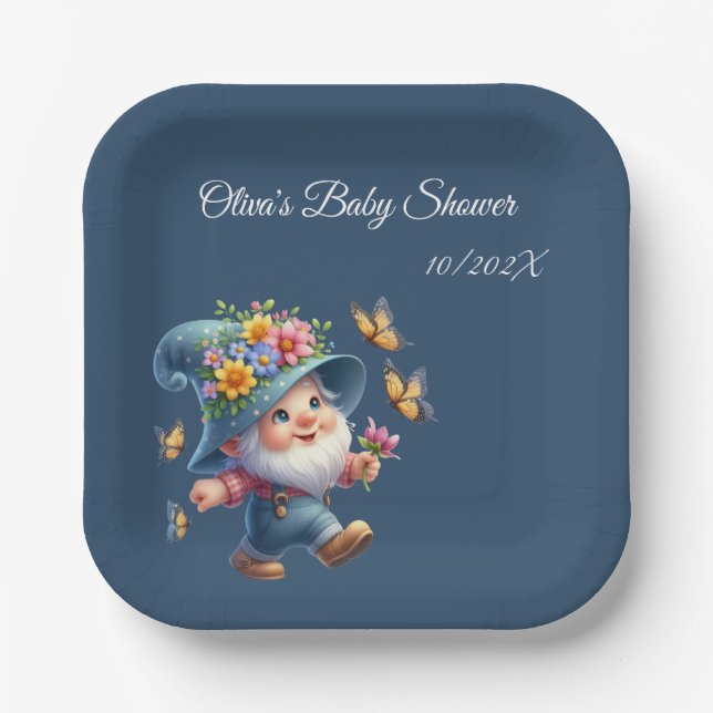 Cute Happy Gnome with Butterfly Baby Shower Paper Plate (Front)