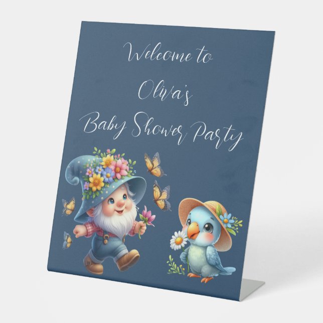 Cute Happy Gnome With Butterfly Baby Shower Pedestal Sign (Front)