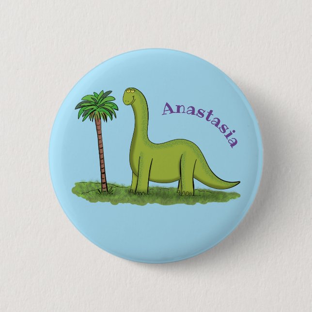 Cute happy green brontosaurus dinosaur cartoon 6 cm round badge (Front)