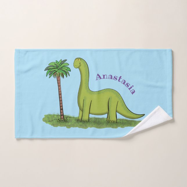 Cute happy green brontosaurus dinosaur cartoon bath towel set (Hand Towel)
