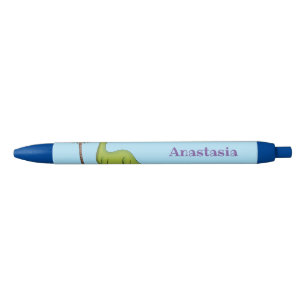 Cute happy green brontosaurus dinosaur cartoon black ink pen