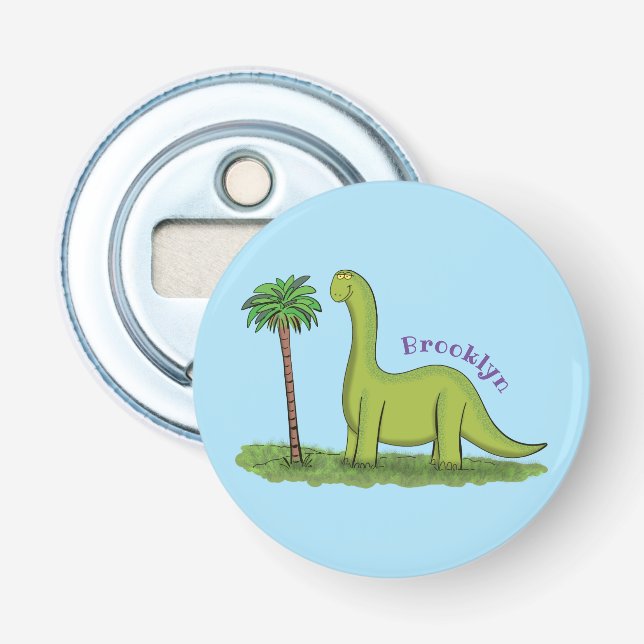 Cute happy green brontosaurus dinosaur cartoon bottle opener (Front)
