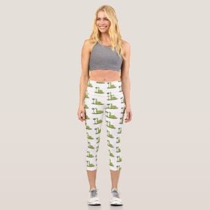 Cute happy green brontosaurus dinosaur cartoon capri leggings