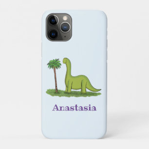 Cute happy green brontosaurus dinosaur cartoon iPhone 11 pro case