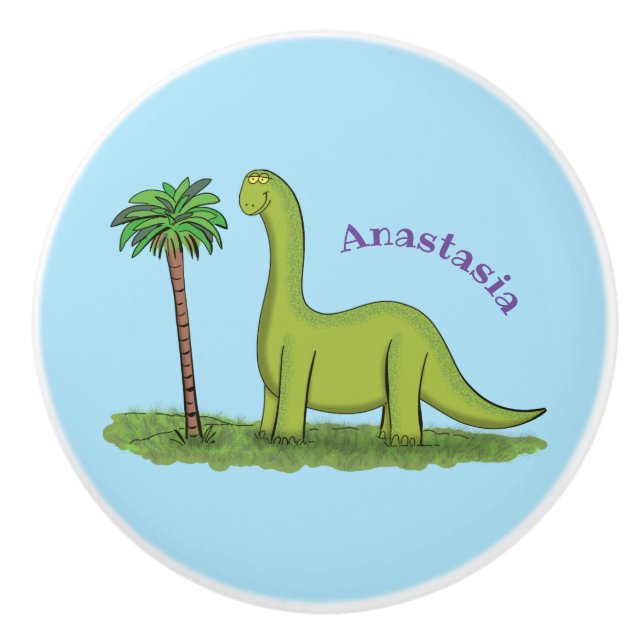 Cute happy green brontosaurus dinosaur cartoon ceramic knob (Front)