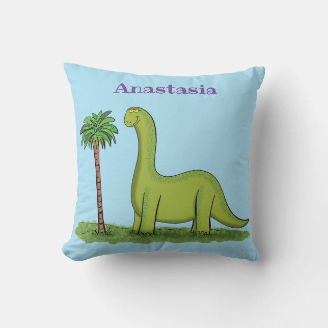 Cute happy green brontosaurus dinosaur cartoon cushion (Front)