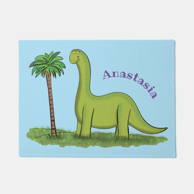 Cute happy green brontosaurus dinosaur cartoon doormat (Front)
