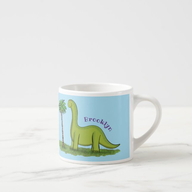 Cute happy green brontosaurus dinosaur cartoon espresso cup (Right)