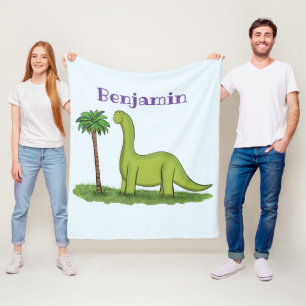 Cute happy green brontosaurus dinosaur cartoon fleece blanket