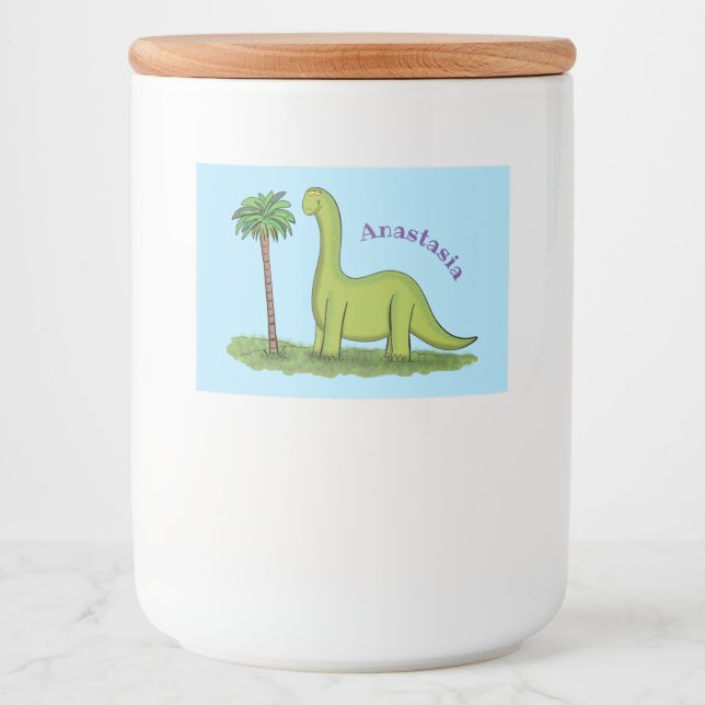 Cute happy green brontosaurus dinosaur cartoon food label (Front)