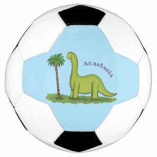 Cute happy green brontosaurus dinosaur cartoon football