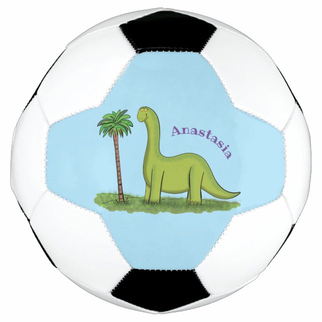 Cute happy green brontosaurus dinosaur cartoon football (Front)