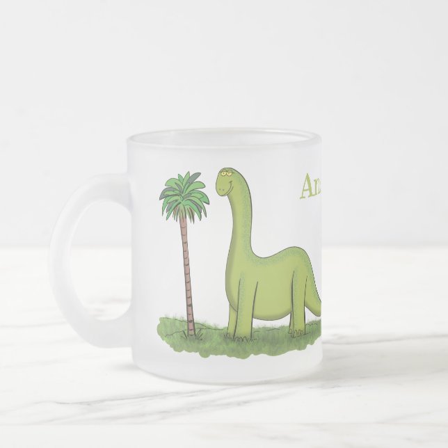 Cute happy green brontosaurus dinosaur cartoon frosted glass coffee mug (Left)